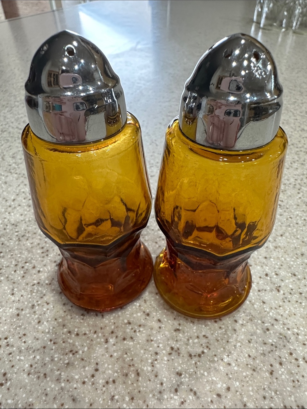 Vintage 1970’s Amber Glass Salt and Pepper Shakers Set with Heavy Chrome Tops
